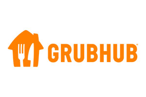 An outline of a house with a fork and knife cutout. Grubhub is written next to the house.